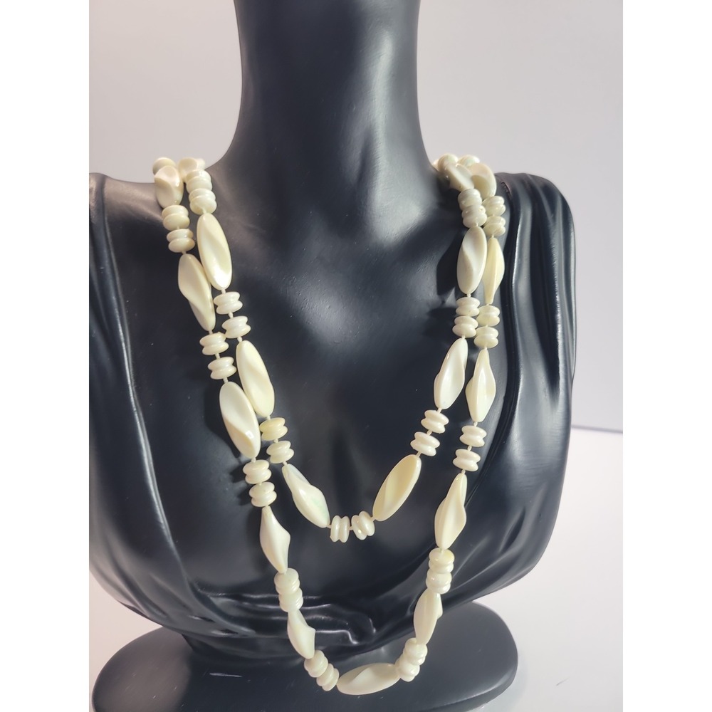 Long White Beaded Necklace Oval Spacer Beads Retro Mod Statement Jewelry